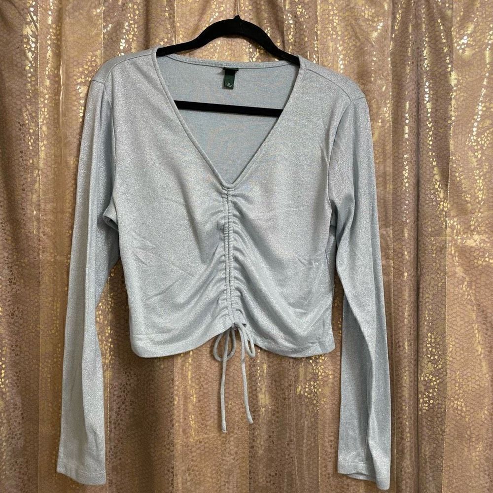 Wild Fable Women’s XL Metallic Silver V Neck Tie Long Sleeve‎ Top Shirt Stretch